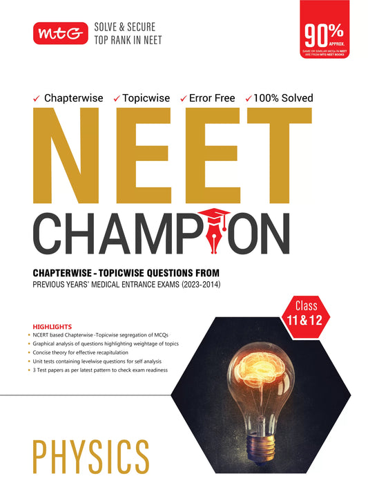 MTG NEET Champion physics is a specifically tailored guide to ensure a complete final revision for NEET 2024 exam with 100% authentic content . This book consists of the previous 10 years (2023-2014) of questions from the medical entrance exam