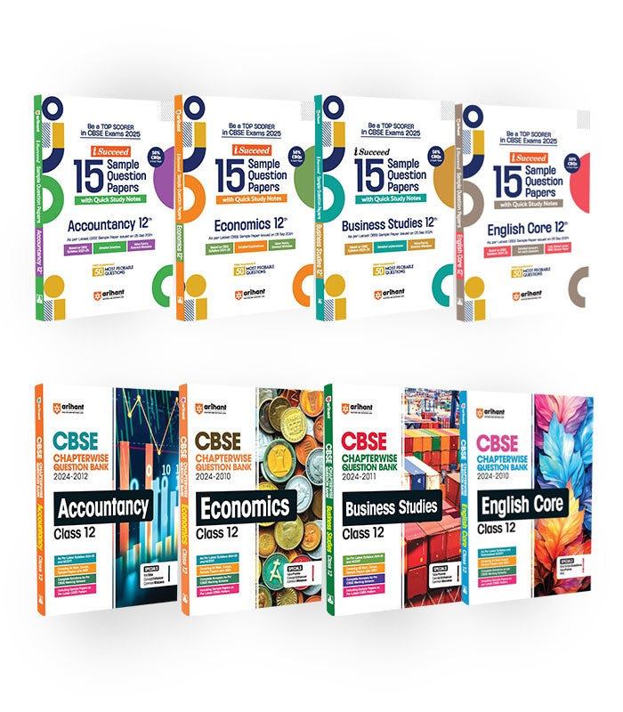 Chapterwise Solved Papers + i-succeed sample paper for Class 12th | Accountancy, Economics, Business Studies and English Core| Arihant